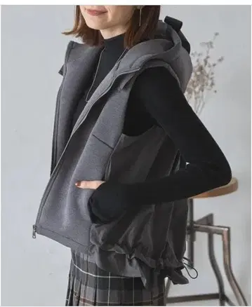 본딩 절개 후드 리본 드로스트 베스트 블랙 후디 베스트