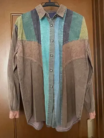 쇼와 레트로 멀티 컬러 패치워크 셔츠 남성용 XL