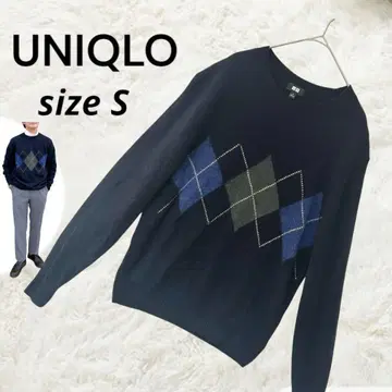 유니클로 [S] 프리미엄 라무 크루넥 스웨터 아가일 네이비