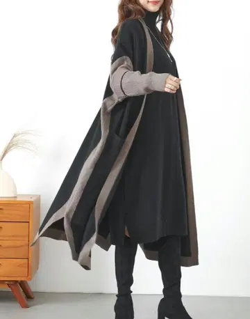 배색 절개 롱 니트 가디건 롱 기장 니트 겉옷 자켓 아우터