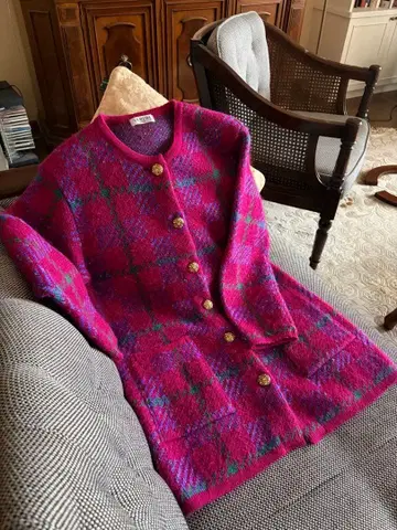 체크 무늬 핑크 롱 가디건