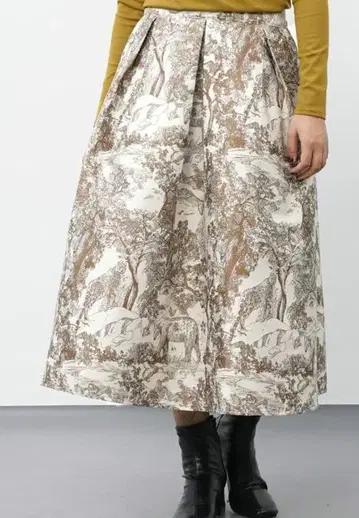 스커트 롱 기장 턱 스커트 플레어 스커트 숲 동물 자카드 스커트