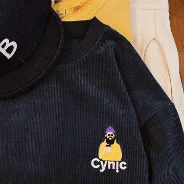 새상품 코듀로이 아저씨 원포인트 자수 캐주얼 맨투맨 네이비