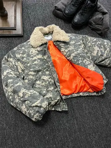 카모 패턴 MA-1 자켓 퍼 옷깃 짧은 기장 스트릿