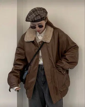 퍼 안감 부착 가죽풍 자켓 SHEIN 브라운 퍼 자켓 S