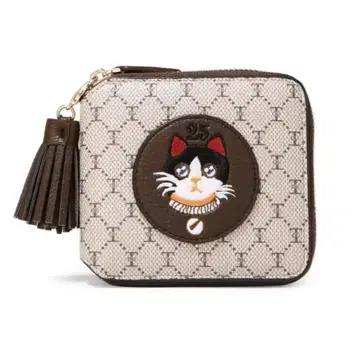 고양이 자수 접이식 지갑 브라운 캐주얼 엘레강트 페미닌 컴팩트