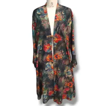 기모노 가운 롱 자켓 가디건 프린트 일본풍 패턴 꽃무늬 골지에
