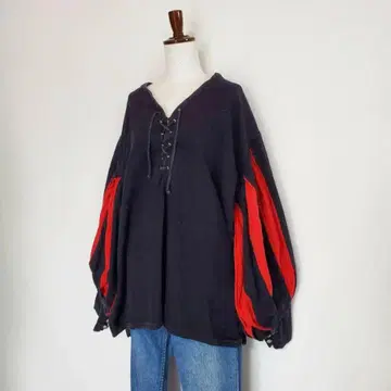 빈티지 풍성한 소매 레이스업 블라우스 블랙 스모크 레드