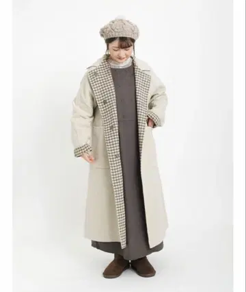 SM2 리버서블 롱 코트 깅엄 체크 아이보리 프리 노카라