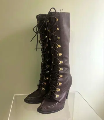 vintage 레어 천연 가죽 레이스업 롱 부츠