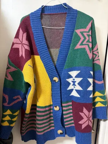 컬러풀 기하학 패턴 니트 가디건