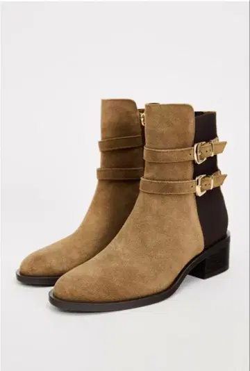 ZARA 베이지&블랙 버클 가죽 앵클부츠 38