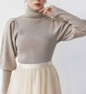 캐시미어 블렌드 퍼프 슬리브 리브 니트 풀오버