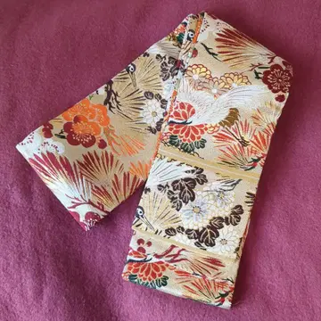 앤티크 학과 화려한 꽃무늬 반폭 후쿠로 오비 골드 컬러