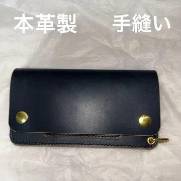 천연 가죽 롱 트래커 지갑 언덕 염색 블랙 놋쇠 골드