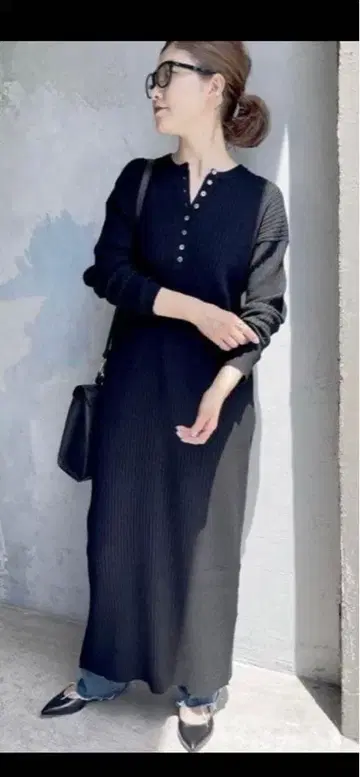 Spick & Span 헨리넥 리브 니트 원피스 블랙