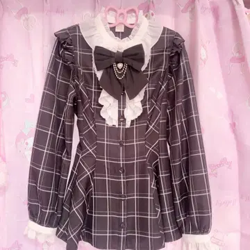 Secret Honey 액세서리 리본 긴팔 셋업 체크 블랙