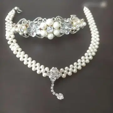 브라이덜용 펄 초커 머리 장식 세트