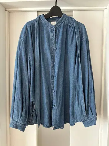 SOMETHING 데님 블루 밴드 카라 셔츠