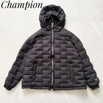 챔피언 퀼팅 지퍼 후드 다운 자켓 블랙 테이프 로고
