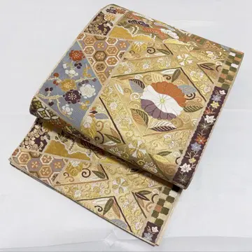 B 송죽매 꽃들 오동나무 당초당화 화문 금실 순수 실크 후쿠로 오비 포멀