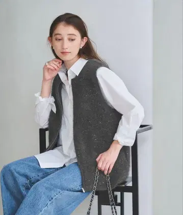 UNITED ARROWS 폭스 캐시미어 스팽글 지퍼 베스트