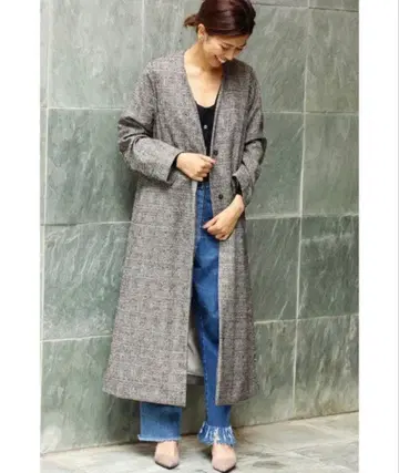 IENA LA BOUCLE 글렌체크 트위드 V넥 코트 이에나