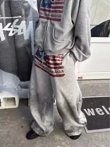 스웨트 팬츠 미국 국기 와이드 배기 그레이 y2k 그런지