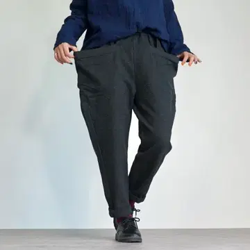 UZUiRO 린넨 패턴 캠핑 워크 팬츠/블랙/자수 직조