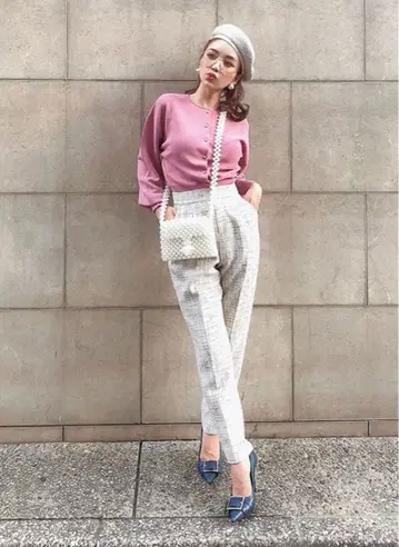 에이미 이스트 월 트위드 테이퍼드 팬츠 베이지 계열 M 사이즈