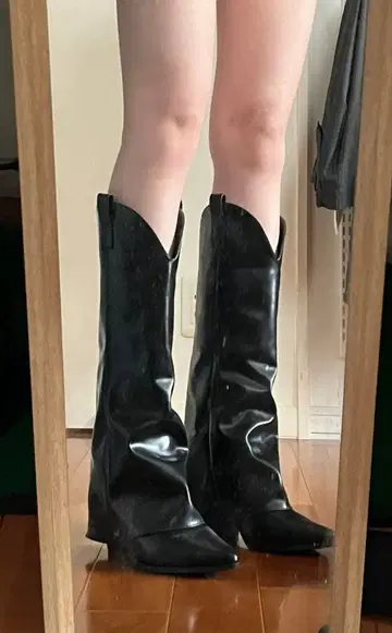 V컷 롱 부츠 스틸레토 커버 부츠 블랙 24cm