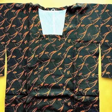 도유기 이중 기모노 코트 블랙 베이스 도트 오렌지 꽃무늬 쇼와 키치