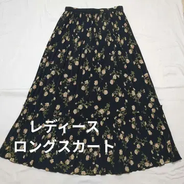새상품급 여성용 롱 스커트 맥시 스커트 가는 플리츠 블랙 꽃무늬 일본제