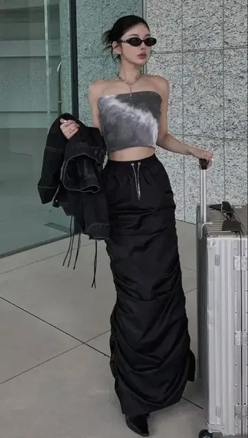 다리치 체인 스트랩 나일론 롱 스커트