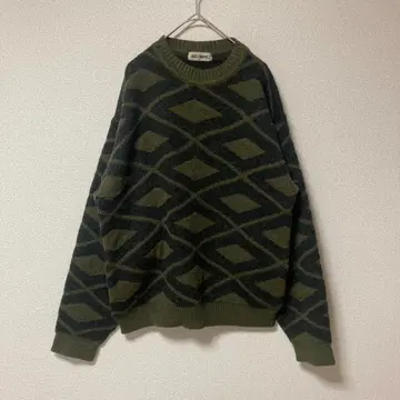 니트 스웨터 일본풍 패턴 마름모 카키 남성용 구제 의류 빈티지