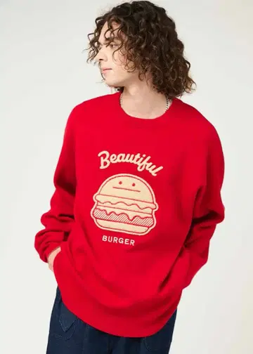 그라니프 Beautiful BURGER 햄버거 자수 스웨터