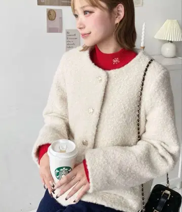 페이크 링 울 골드 버튼 노카라 자켓 moment+