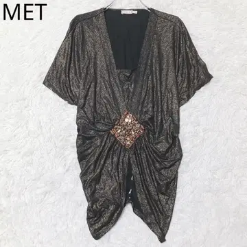 메트 티셔츠 돌먼 슬리브 비쥬 셔링 라메 블랙 M