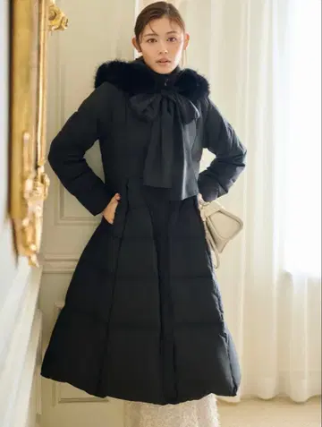 CELFORD 후드 리본 롱 다운 코트 블랙 36