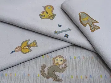 기모노 유 호몬기 레어 패턴 원숭이 새 물고기 순수 실크 sa119