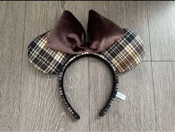 체크 무늬 미니 귀 디즈니 머리띠 브라운