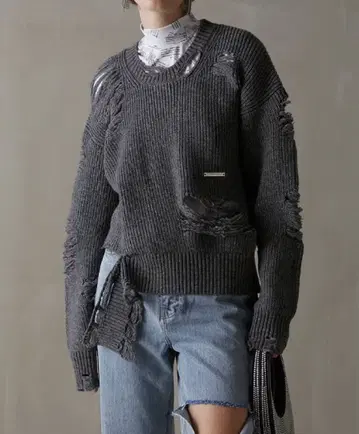 [ 미사용 ] 플랭크 프로젝트 데미지 니트 스웨터 그레이 23AW