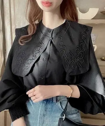 classicalelf 3way 자수 빅 칼라 블랙 바지 블라우스