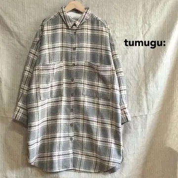 미사용 새상품 tumugu 츠무구 체크 무늬 기모 튜닉 블라우스 그레이