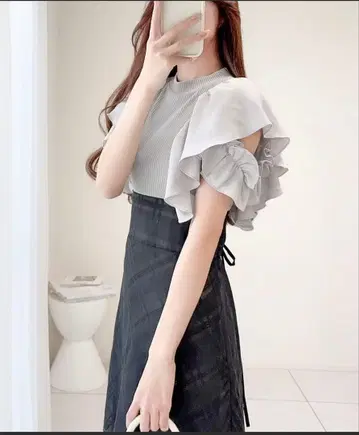 [ mily bilet ] 더블 프릴 소매 체크 레이스 도킹 원피스