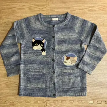 히코우센카라 고양이 자수 블루 니트 가디건