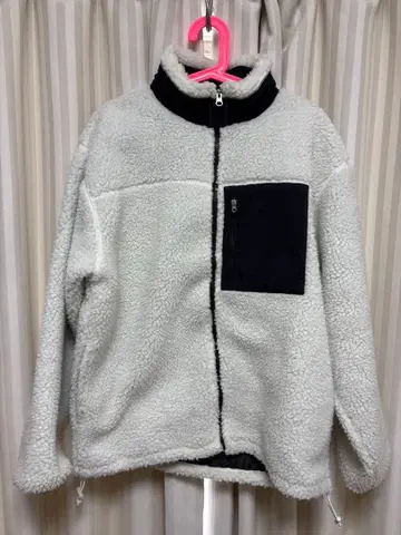 화이트 플리스 자켓 스카이블루 와이드 데님 팬츠 세트