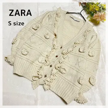 [ 자라 ] 입체 플라워 x 프릴 편직 니트 가디건 아이보리 걸리시