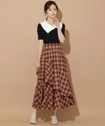 윌셀렉션 아지메 프릴 레이어드 스커트 브라운 체크 리본