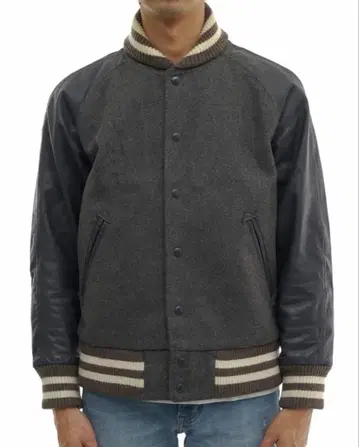 BEAMS 바시티 자켓 그레이 소매 가죽